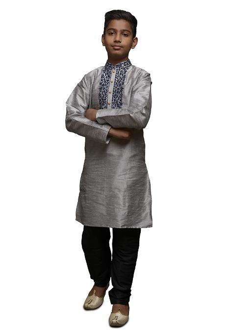 Grey Embrodiery Silk Kurta Set For Boys