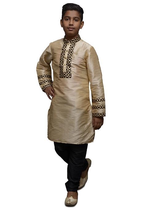 Fawn Embrodiery Silk Kurta Set For Boys