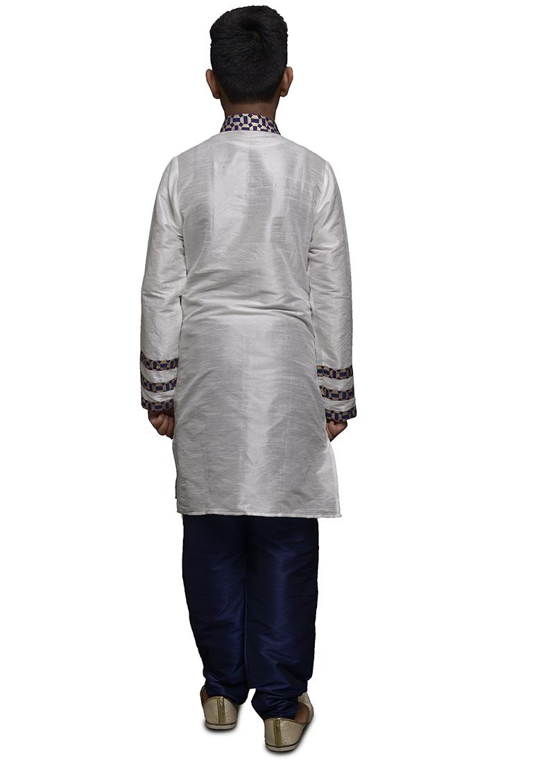 White Embrodiery Silk Kurta Set For Boys - Indya