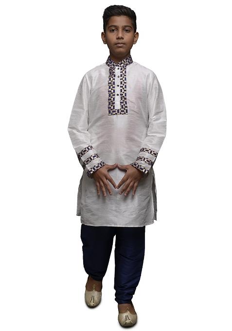 White Embrodiery Silk Kurta Set For Boys