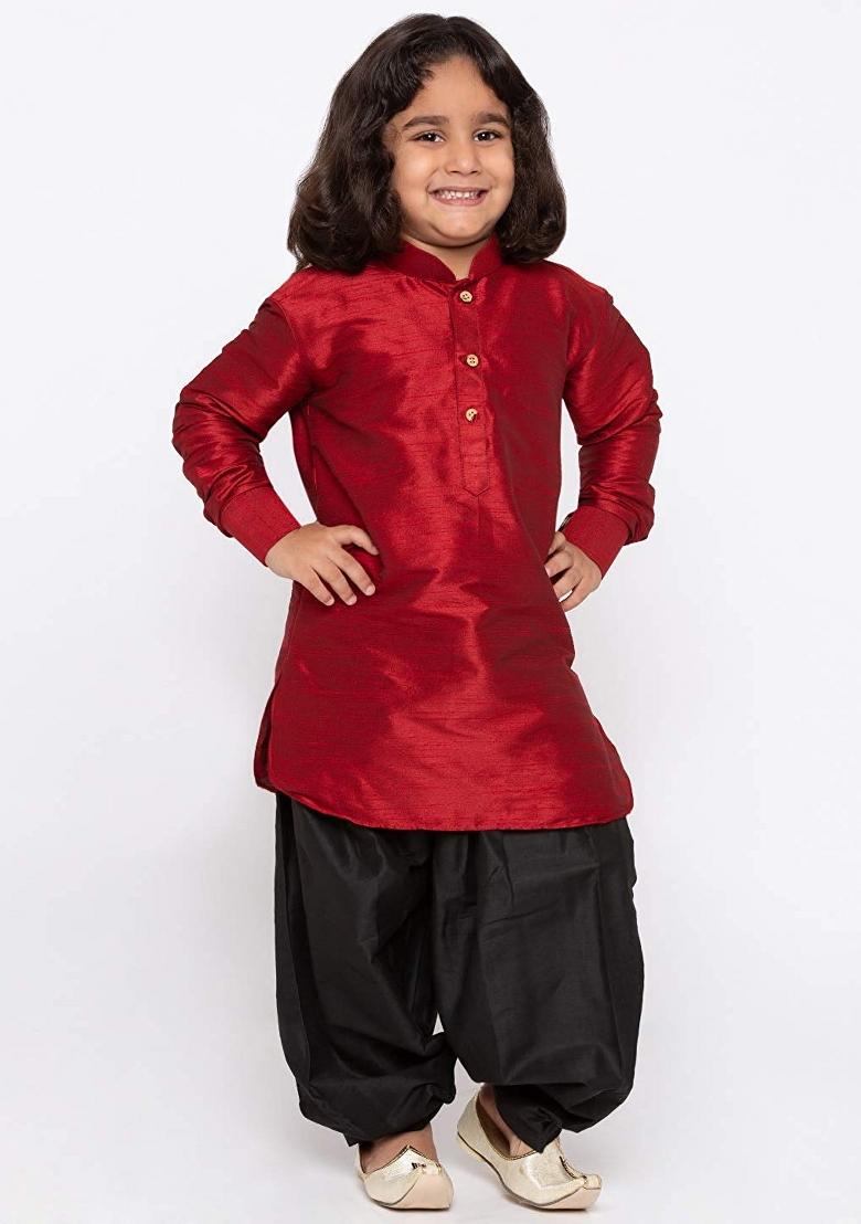 Maroon Plain Silk Kurta Set For Boys - Indya