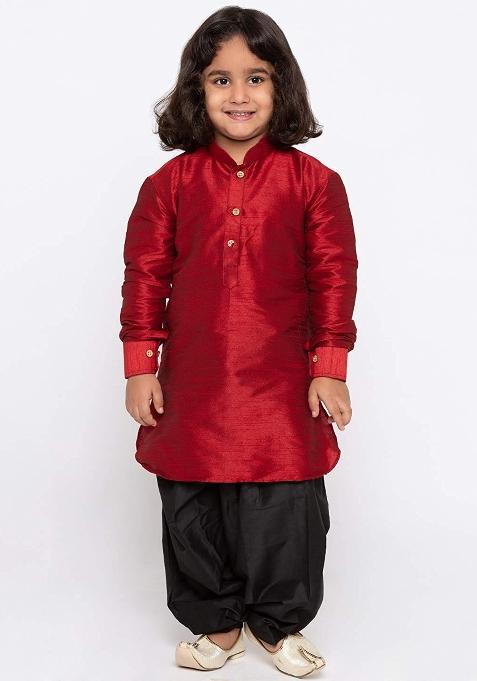 Maroon Plain Silk Kurta Set For Boys