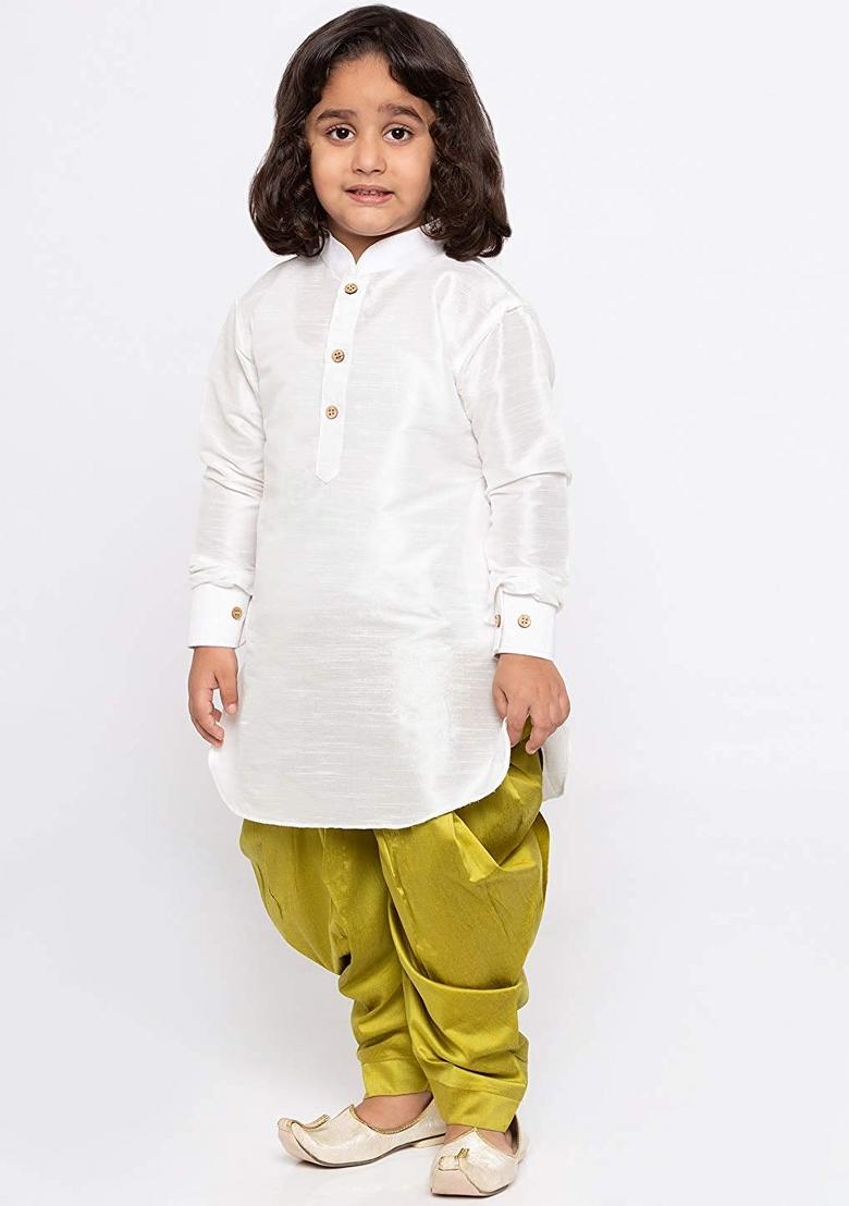 White Plain Silk Kurta Set For Boys - Indya