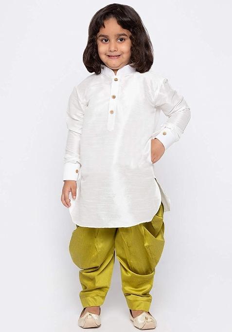 White Plain Silk Kurta Set For Boys