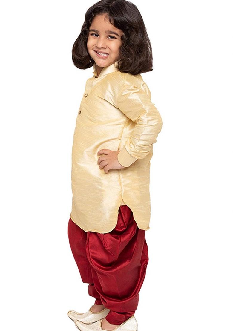 Fawn Plain Silk Kurta Set For Boys - Indya