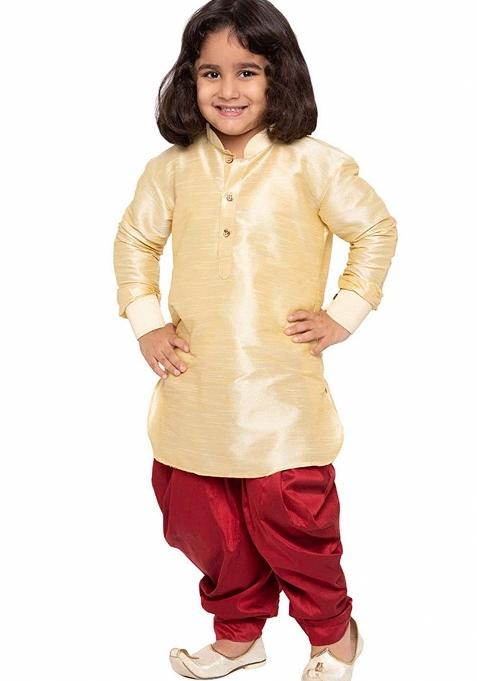 Fawn Plain Silk Kurta Set For Boys