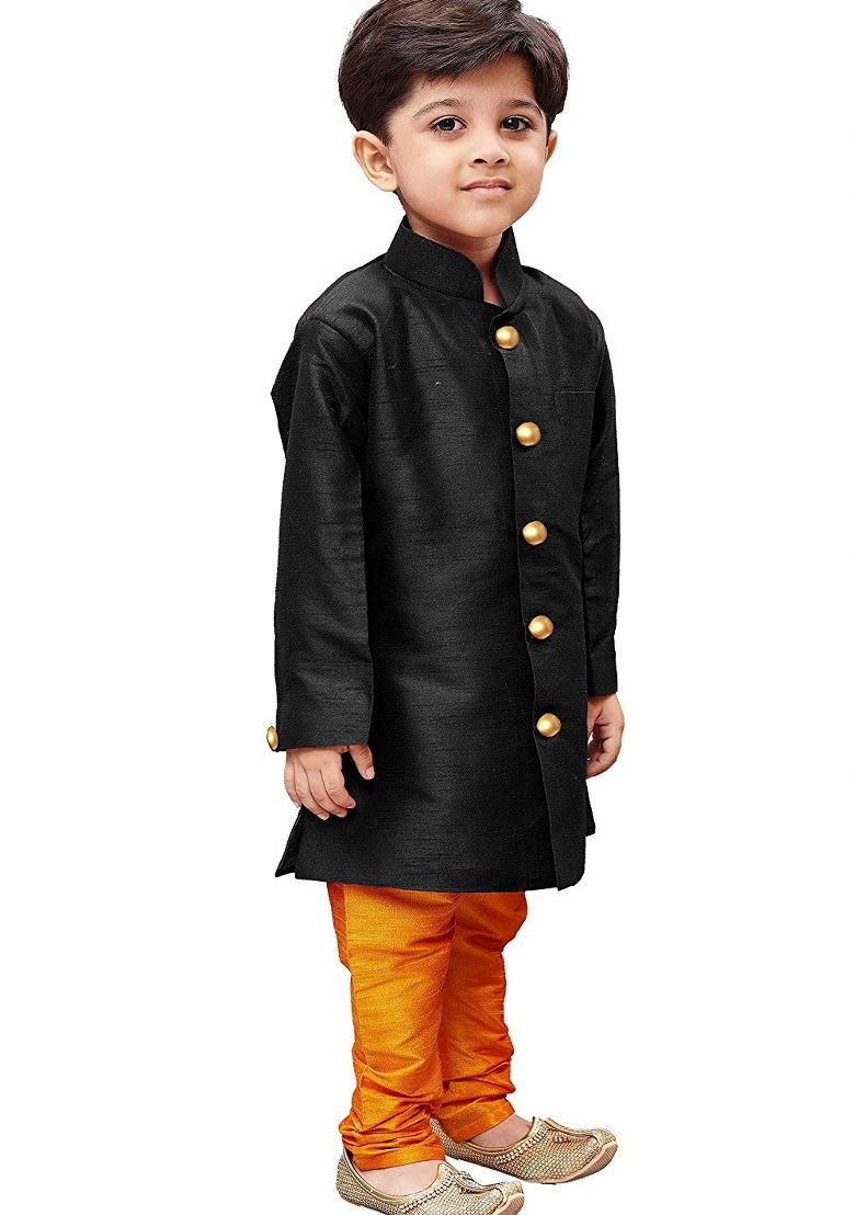 Black Plain Silk Kurta Set For Boys - Indya