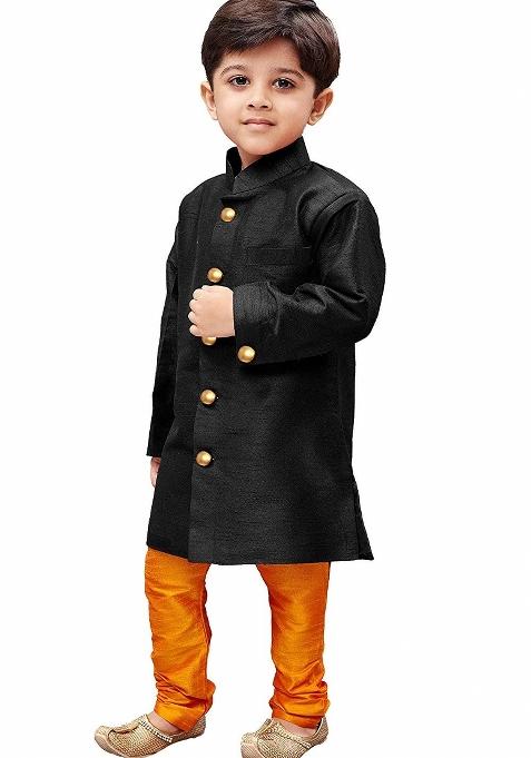 Black Plain Silk Kurta Set For Boys