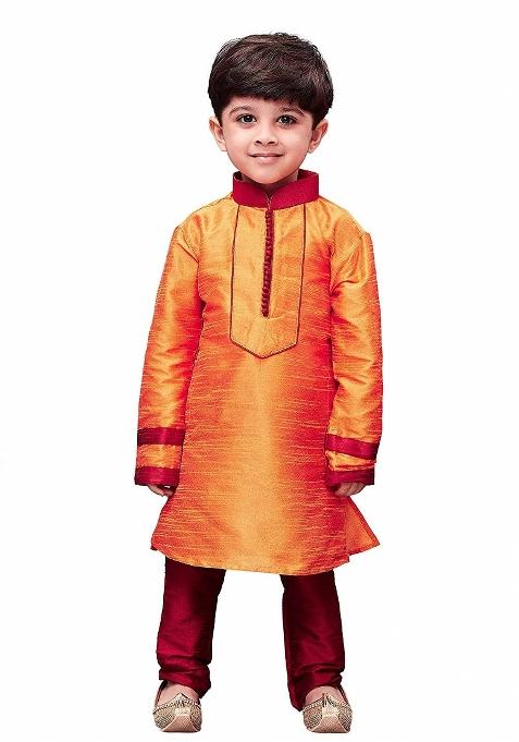 Orange Embrodiery Silk Kurta Set For Boys