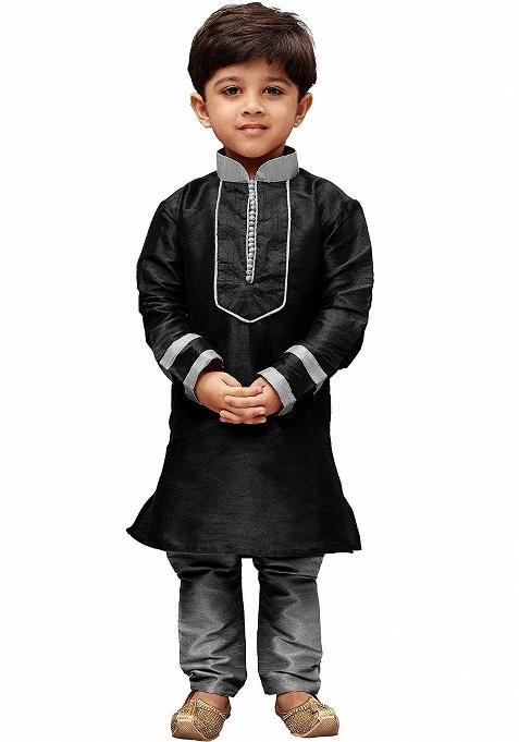 Black Embrodiery Silk Kurta Set For Boys
