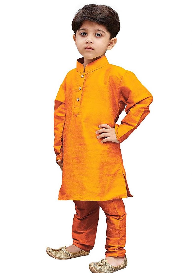 Orange Plain Silk Kurta Set For Boys - Indya