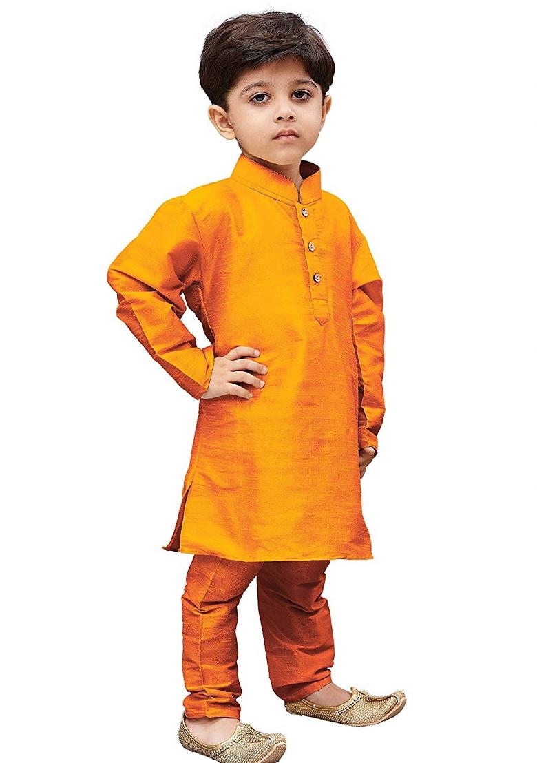Orange Plain Silk Kurta Set For Boys - Indya