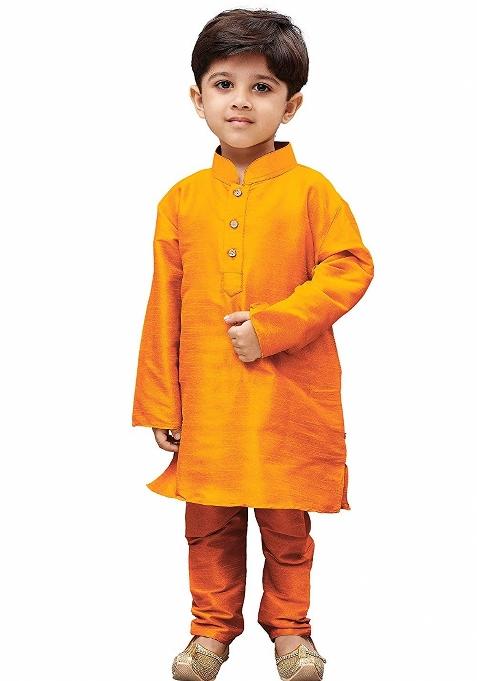 Orange Plain Silk Kurta Set For Boys