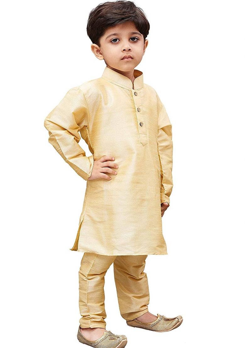 Fawn Plain Silk Kurta Set For Boys - Indya