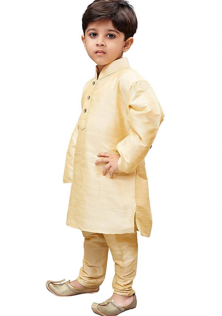 Fawn Plain Silk Kurta Set For Boys - Indya