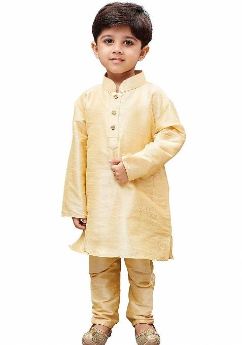 Fawn Plain Silk Kurta Set For Boys