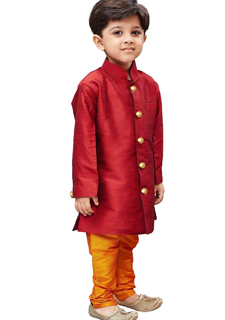 Maroon Plain Silk Kurta Set For Boys - Indya