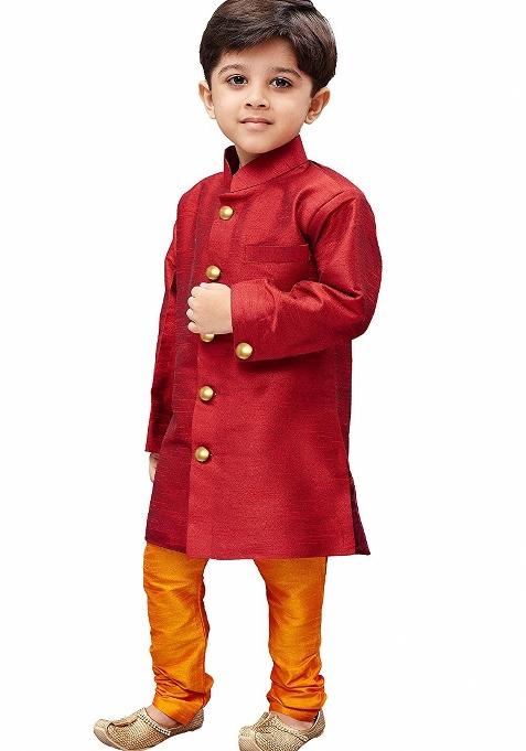 Maroon Plain Silk Kurta Set For Boys