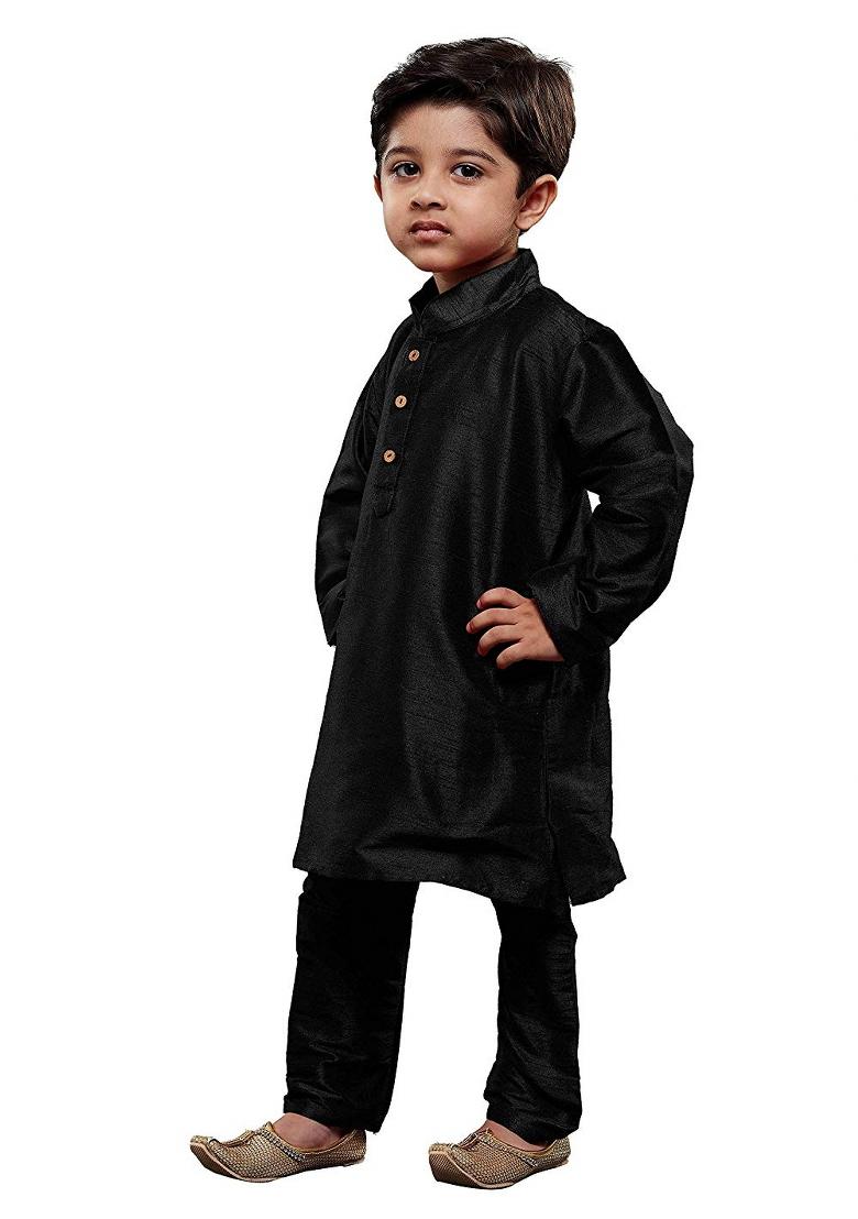 Black Plain Silk Kurta Set For Boys - Indya