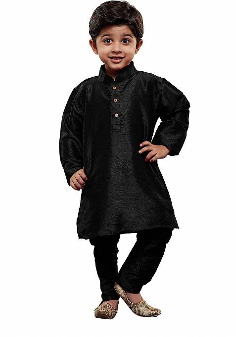 Black Plain Silk Kurta Set For Boys