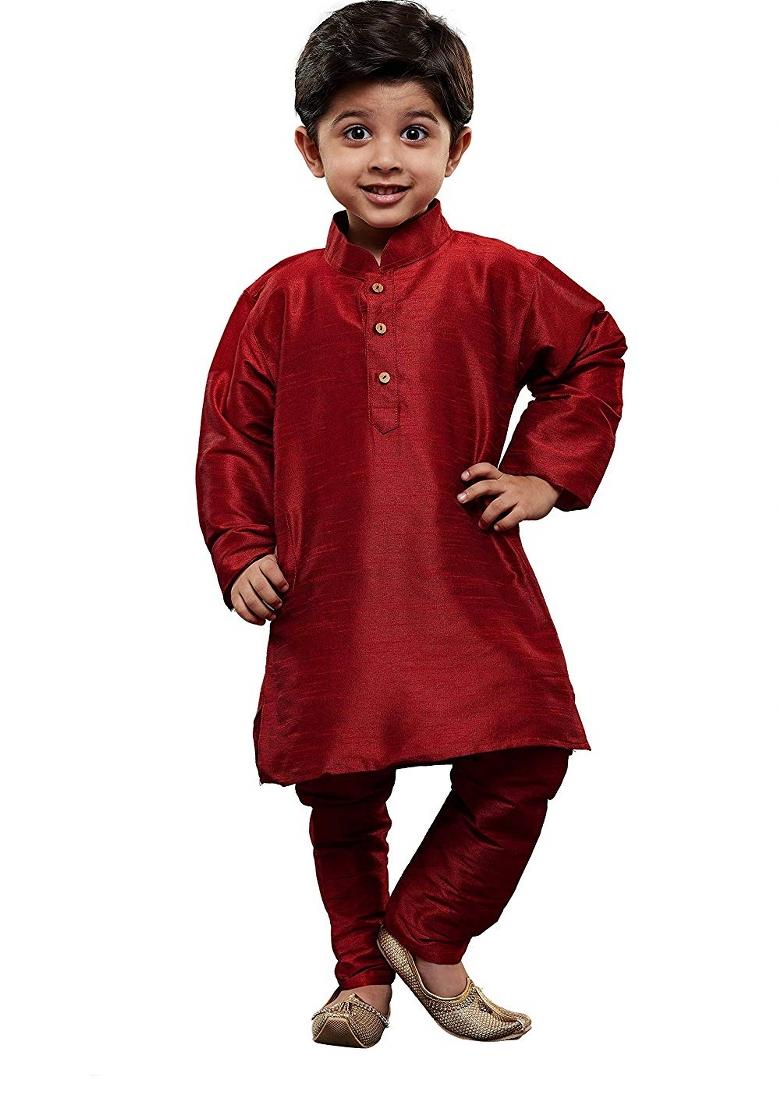 Maroon Plain Silk Kurta Set For Boys - Indya