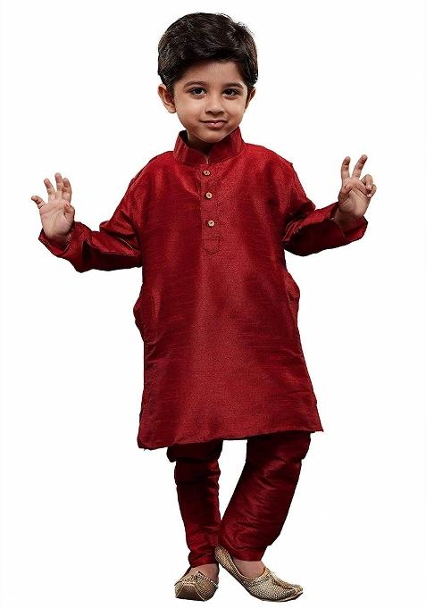 Maroon Plain Silk Kurta Set For Boys