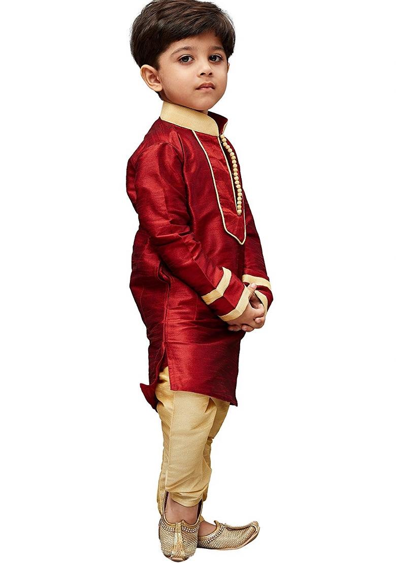 Maroon Plain Silk Kurta Set For Boys - Indya