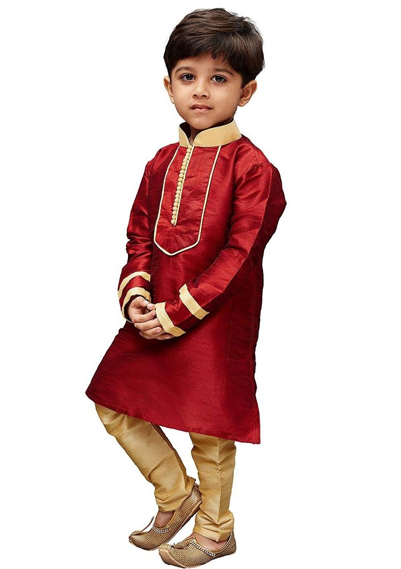 Maroon Plain Silk Kurta Set For Boys - Indya