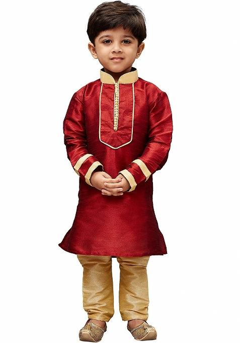 Maroon Plain Silk Kurta Set For Boys