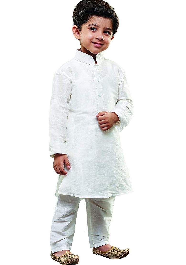 White Plain Silk Kurta Set For Boys - Indya