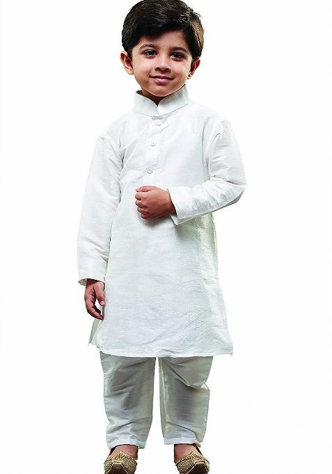 White Plain Silk Kurta Set For Boys