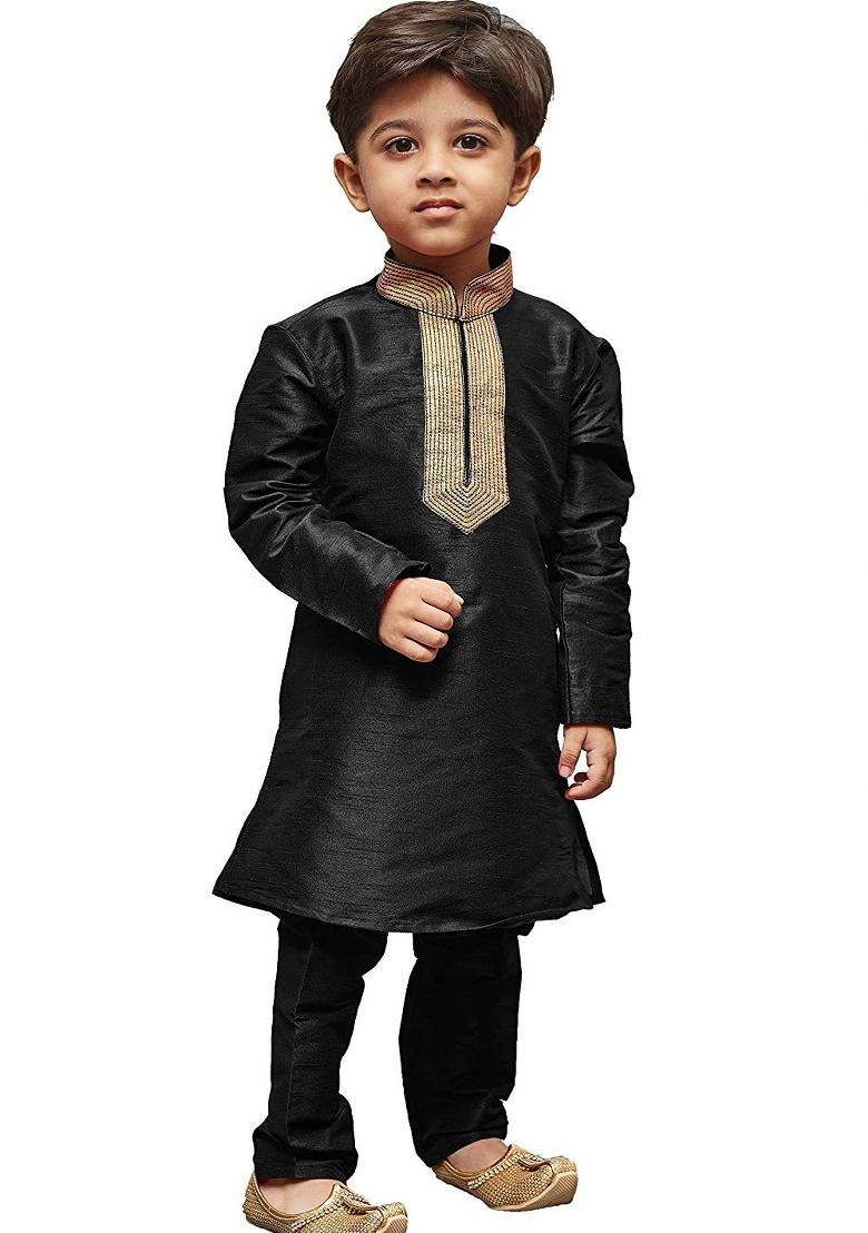 Black Embrodiery Silk Kurta Set For Boys - Indya