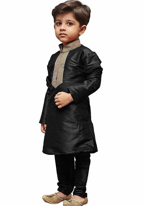 Black Embrodiery Silk Kurta Set For Boys