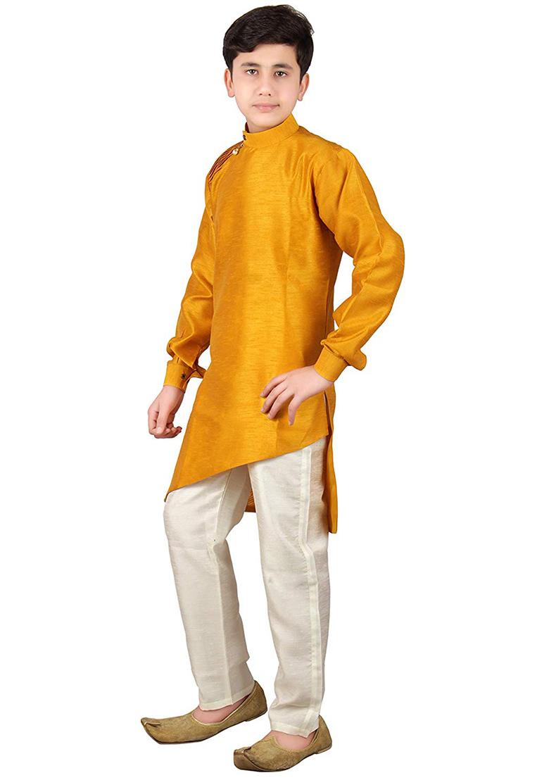 Mustard Plain Silk Kurta Set For Boys - Indya