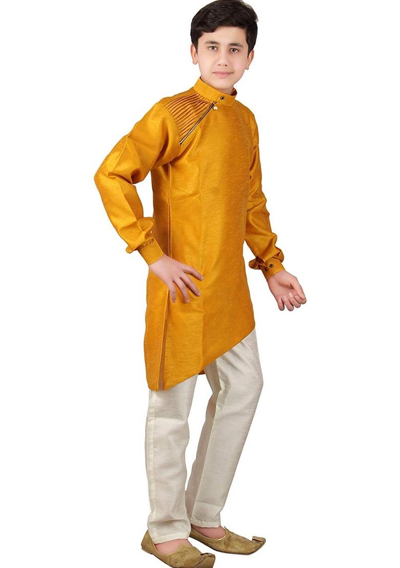 Mustard Plain Silk Kurta Set For Boys - Indya