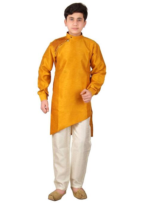 Mustard Plain Silk Kurta Set For Boys