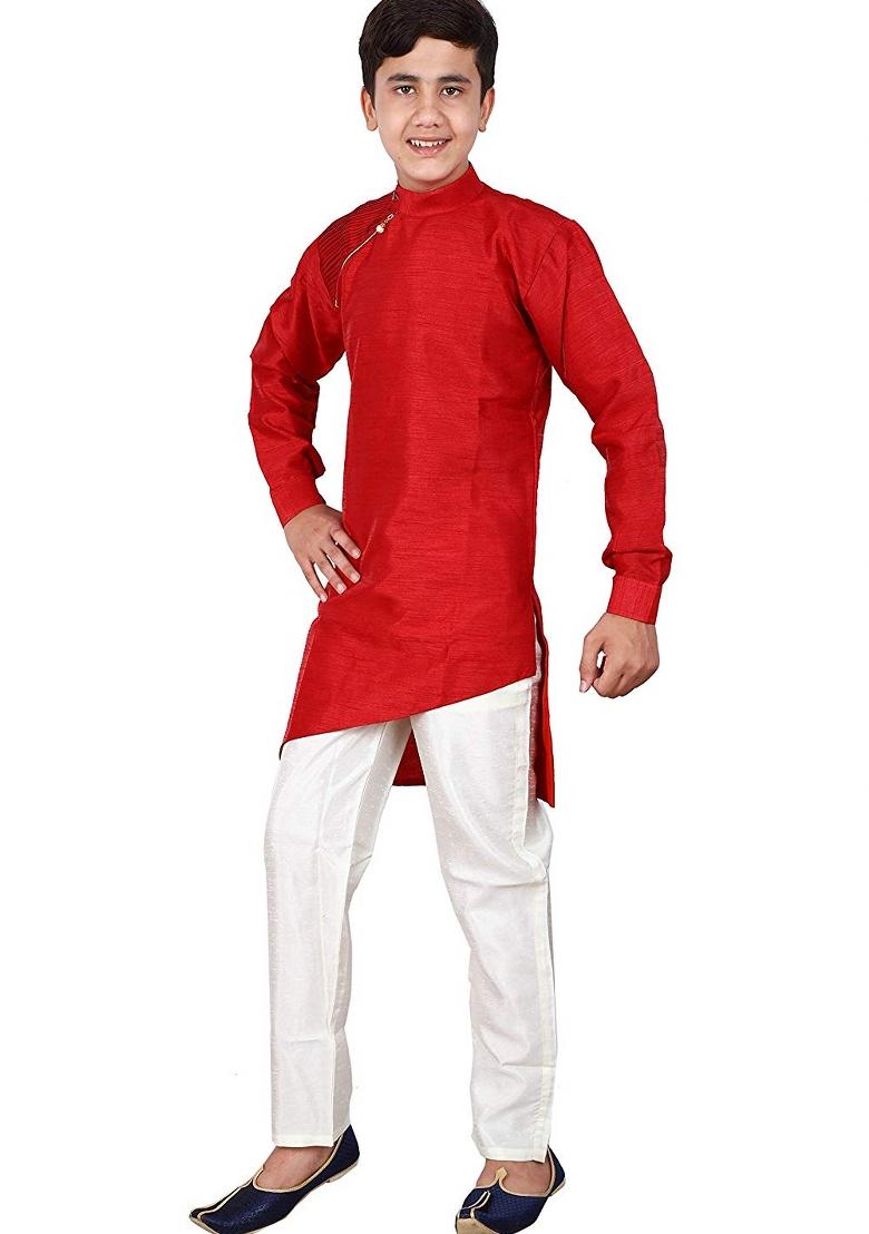 Maroon Plain Silk Kurta Set For Boys - Indya
