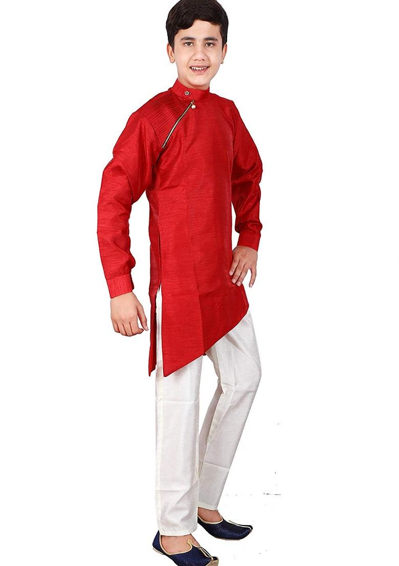 Maroon Plain Silk Kurta Set For Boys - Indya