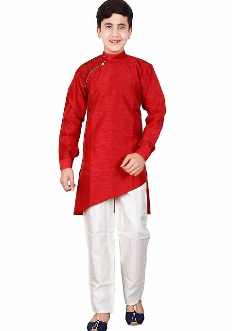 Maroon Plain Silk Kurta Set For Boys