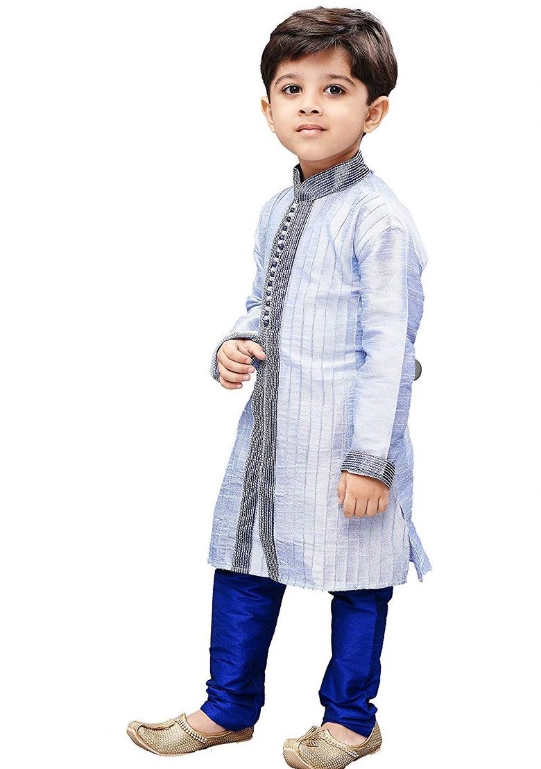 Light Blue Embrodiery Silk Kurta Set For Boys - Indya