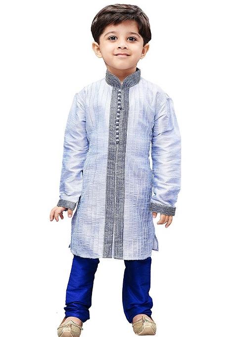 Light Blue Embrodiery Silk Kurta Set For Boys