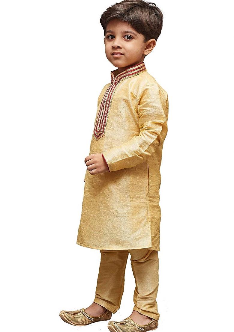 Fawn Embrodiery Silk Kurta Set For Boys - Indya