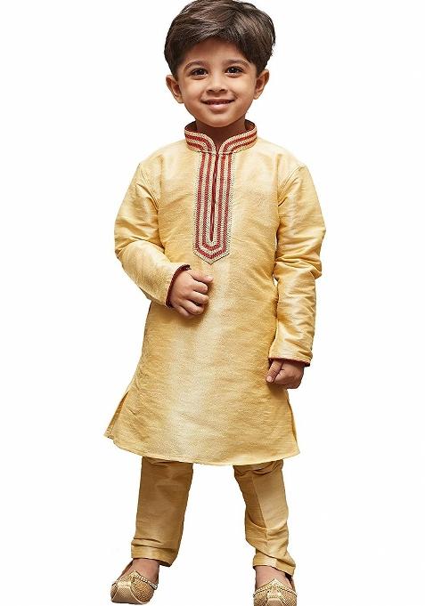 Fawn Embrodiery Silk Kurta Set For Boys
