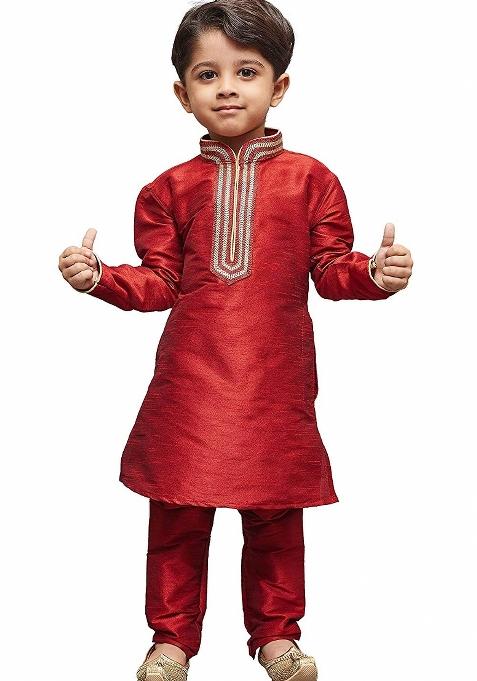 Maroon Embrodiery Silk Kurta Set For Boys