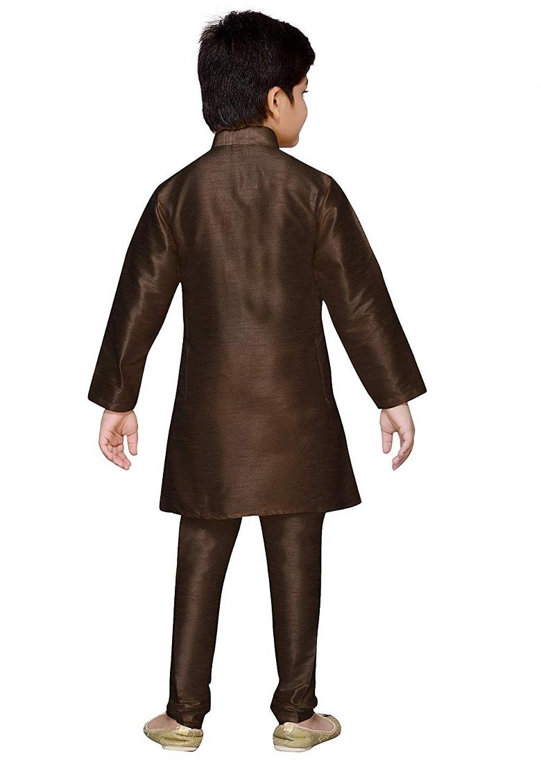 Brown Plain Silk Kurta Set For Boys - Indya