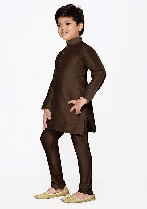 Brown Plain Silk Kurta Set For Boys