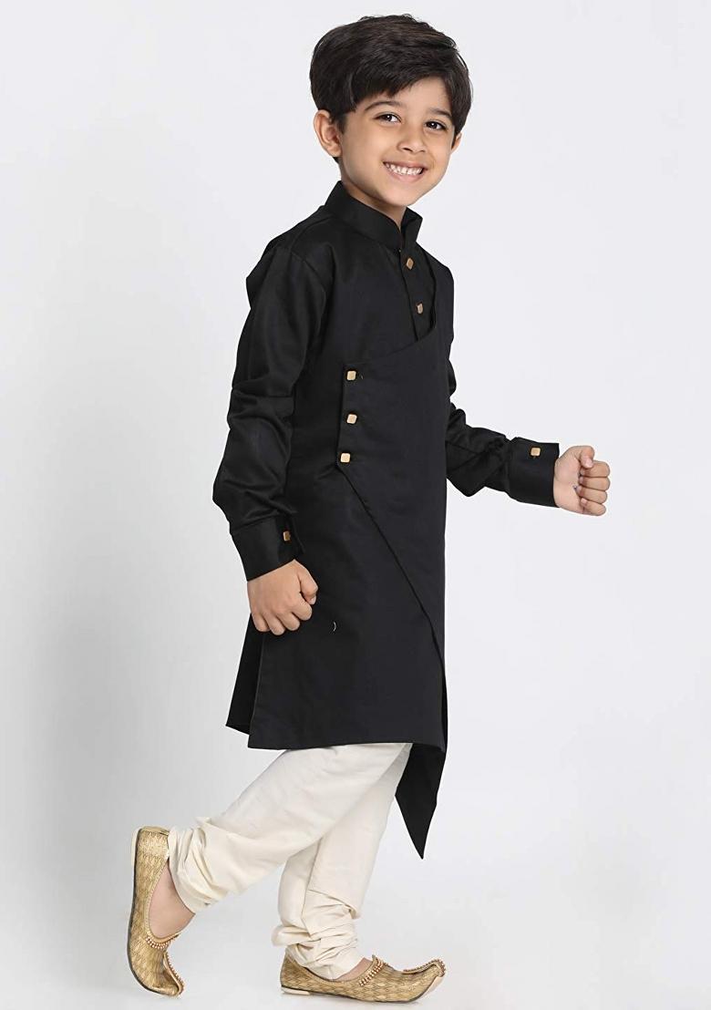 Black Cotton Kurta Set For Boys - Indya