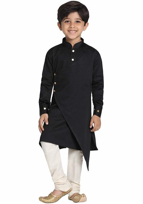 Black Cotton Kurta Set For Boys