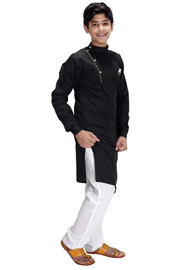 Black Cotton Kurta Set For Boys - Indya