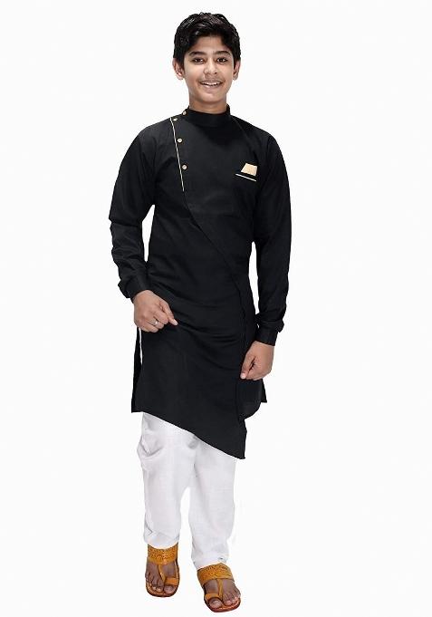 Black Cotton Kurta Set For Boys